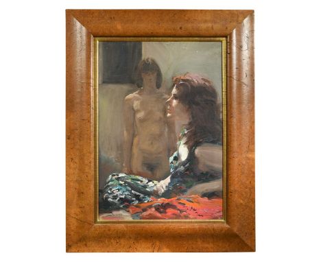 § Howard James Morgan (1949-2020) Two female figuressigned and dated 'MORGAN 96' (lower left)oil on canvas59 x 41.5cmProvenan
