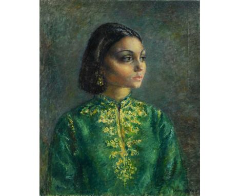 § Clara Klinghoffer (1900-1979) Portrait of a lady in a green dress signed and dated 'Klinghoffer 1965' (lower right); furthe