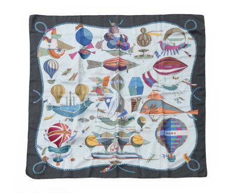 Loïc Dubigeon for Hermès, Les Folies du Ciel, 1984, a silk scarf decorated with 18th and 19th century airship designs within 
