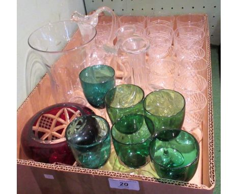 A mixed lot of glass, including: six Victorian green tinted wines, moulded glass liqueurs, celery vase, a ruby and cut clear 