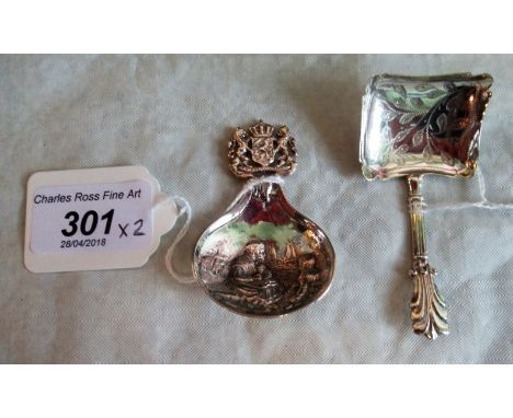 A Birmingham 19th century cushion formed caddy spoon with Lotus handle and a Dutch early 20th century cast silver caddy spoon