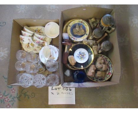 Two boxes of various items, including: David Winter miniature cottages, touristware beer steins, a Royal Crown Derby part-tea