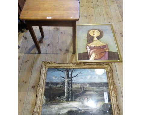 A circa 1950's child's school desk, together with a framed and glazed print after Rowland Hilda and an Eastern European  acry