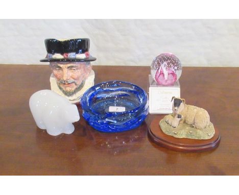 A Norwegian opaque glass model of a Polar Bear, together with a large Royal Doulton character jug Beefeaters, a Caithness Cau