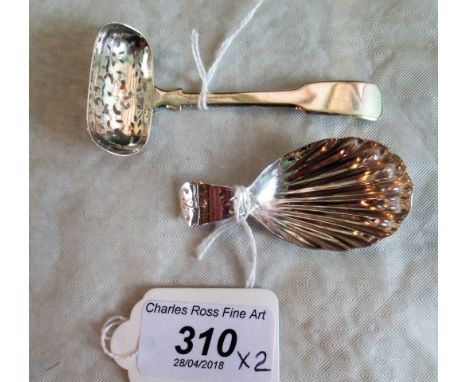 A William IV silver shell form caddy spoon and a George IV silver rectangular bowl sifting spoon by Joseph Willmore of Birmin