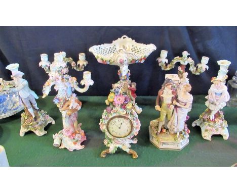 A late 19th century Continental porcelain table centre, the pierced rococo-shaped bowl on a figural column, with applied flor