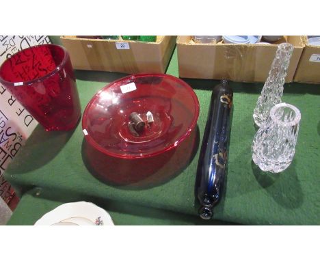 A Whitefriars-style ruby glass vase with bubble included body, together with a ruby glass open dish, a Victorian blue glass r