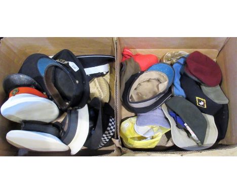 A collection of hats and caps, including: Naval Officers, Royal Marine, Army Catering Corp, Utilities Inspector's caps and ot