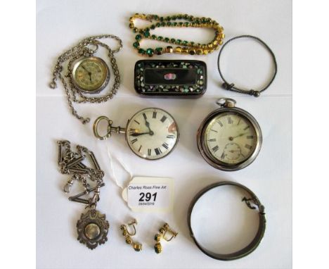 A collection of items, to include: a pear cased gents key wind fob watch, one other pear cased watch, papier mache snuff box,