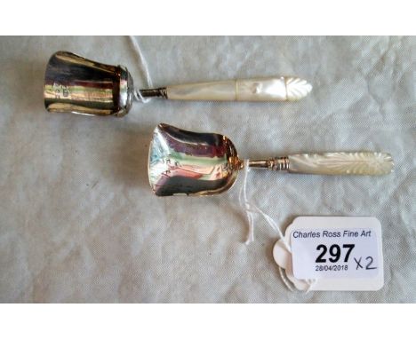 Two William IV silver and mother of pearl handled caddy spoons of scoop form, one by Hilliard & Thompson of Birmingham, Chest