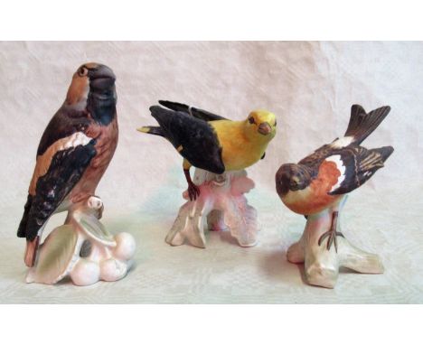 A Goebel model of a golden oriole, together with a brambling and a hawfinch, 14-16cm, each matt glazed.