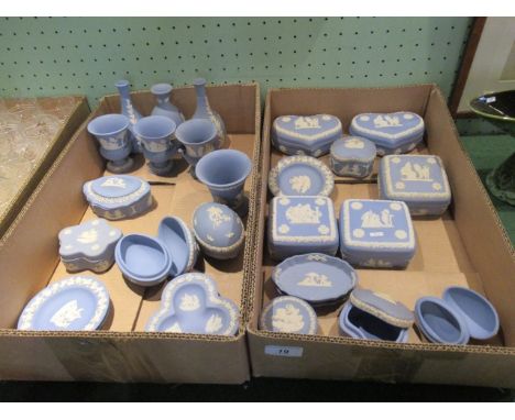 Two boxes containing a collection of approximately two dozen pieces of light blue Wedgwood blue Jasper, various, including: u
