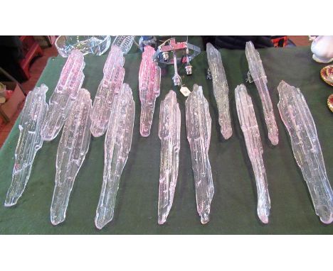 A circa 1930's Art Deco ceiling light, the chrome three light mount suspending clear and frosted glass icicle form drops.   C