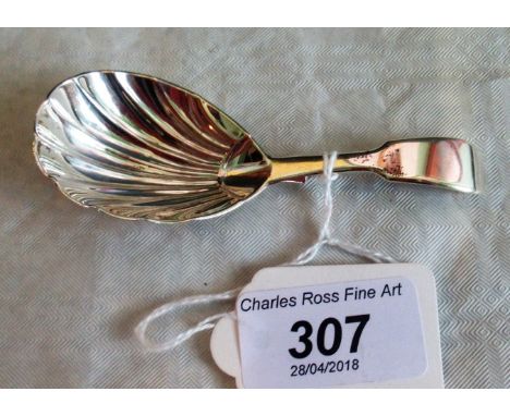 A Victorian silver shell form caddy spoon with fiddle pattern handle, London 1862, by George Adams for Chauner & Co. Conditio