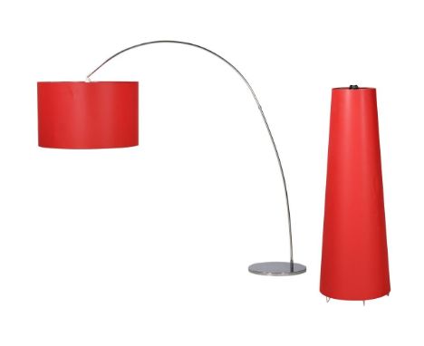 A chromed metal arching standard lamp with large red shade, 193cm high, and another similar 