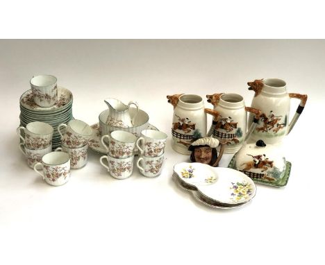 A mixed box of ceramics to include Royal Doulton toby jug 'Porthos', a set of three graduating fox hunting jugs, part tea set