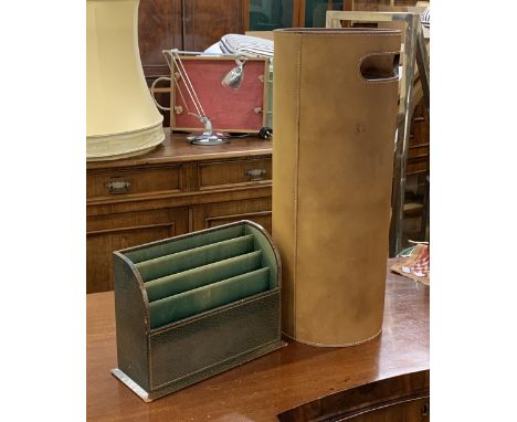 A stitched leather stick stand by Eastern Treasure, 57cmH; together with a Morocco paper and silk letter rack, 28cmW 