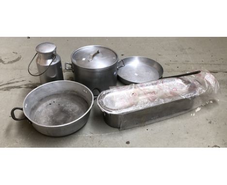 Vintage kitchenware: a large aluminium saucepan with lid, 31cmD; two other aluminium pans, small milk pail, and a stainless f