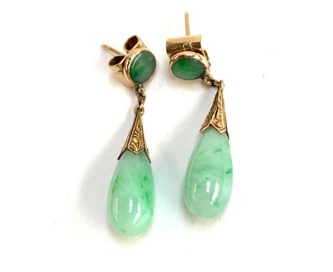 A pair of 14ct gold jade drop earrings with stud backs, the drops 2.2cmL, 4.3g 