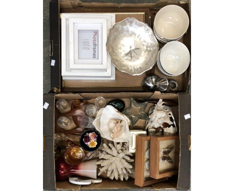 Two mixed boxes of items to include coral, picture frames, mantel clock etc 