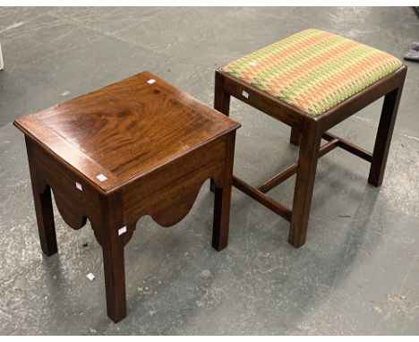 A mahogany George III style stool with flame stitch upholstered top, 52cmW; together with a mahogany commode (converted), 47c