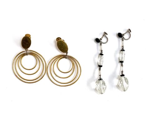 A pair of art deco French jet and cut glass screw back drop earrings; together with a pair of vintage gilt metal earrings, th