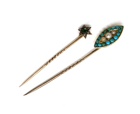 A Victorian yellow metal stick pin of navette form set with turquoise and split pearls, unmarked but tests as 9ct, 3.8g; toge