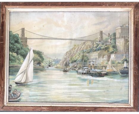 A colour print of a suspension bridge, possibly Bristol, 41x54cm 