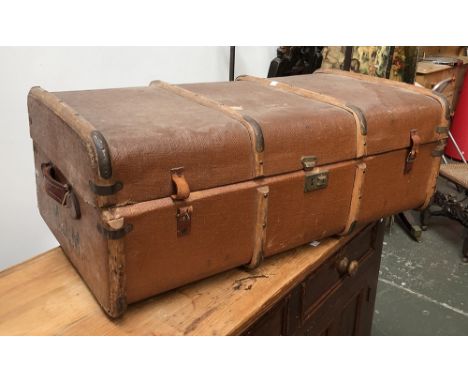 A wood banded canvas travel trunk, 92cmW 