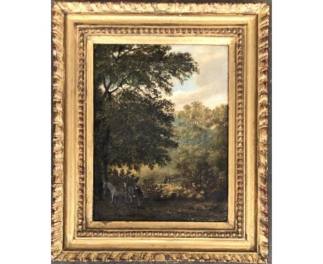 A 19th century English oil on board, pastoral scene, with figures below a tree, 15.5x12cm 