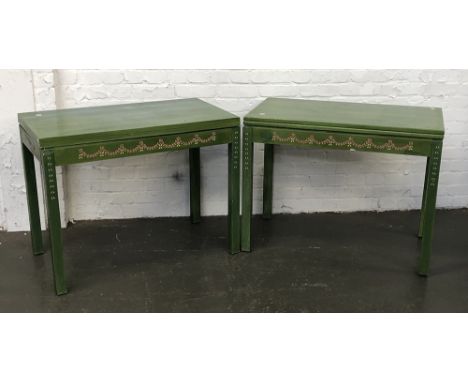 Interior design interest: a near pair of green painted teak card tables with foldover tops, one stamped to underside with bro