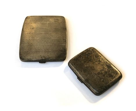 An engine turned silver cigarette case, Birmingham 1925, 11.5x9cm; and a small foliate engraved silver cigarette case, Birmin