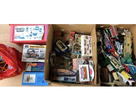 A box of die cast and other model vehicles to include Hornby, Matchbox, Mattel, Urago, Dinky etc, together with a box of toys