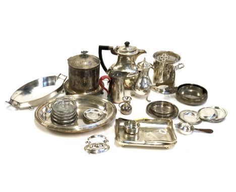 A mixed lot of plated wares to include biscuit barrel, coffee pots, several trays, pin dishes, silver tea strainer by Adderle