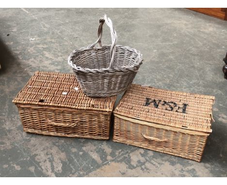 A Fortnum &amp; Mason wicker hamper, 50cmW; a further wicker hamper, 55cm W, and a wicker basket (3) 