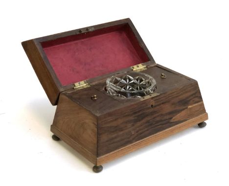 A Victorian rosewood tea caddy, on brass ball feet, mixing bowl present, 33x19x19cm 