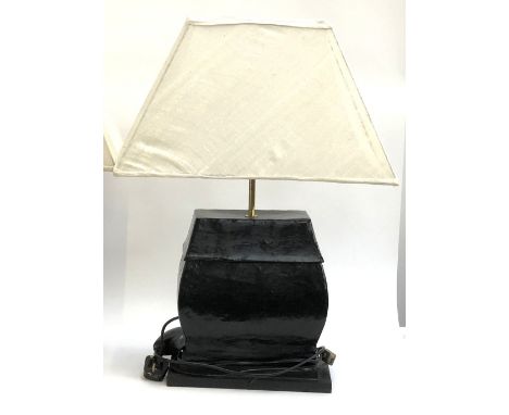 Interior design interest: a decorative black lacquered papier mache table lamp, with rectangular shades, 73cmH to top of shad