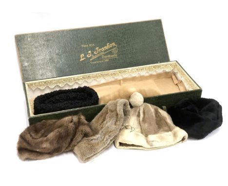 Six various vintage fur hats, in a faux alligator box marked 'L.G Franked, Bondwerker, Dordrecht' 