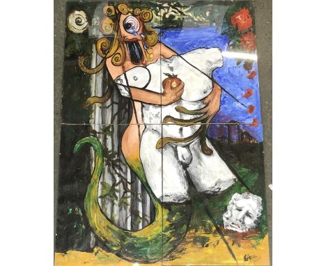 21st century British, Quadriptych of a cyclops mermaid holding a decapitated sculpture of Zeus, oil on paper, each panel 60x4