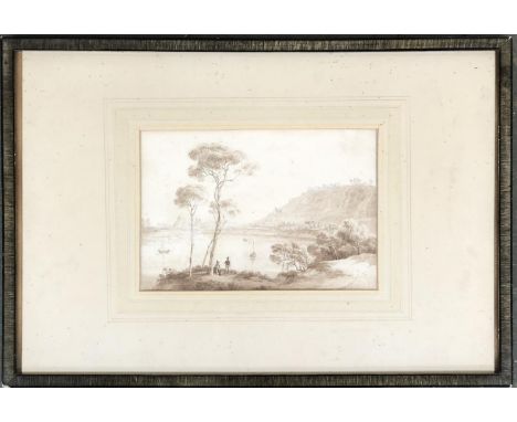 A 19th century sepia study of figures by a lake, inscribed to verso 'Ingres W', 16x24cm 