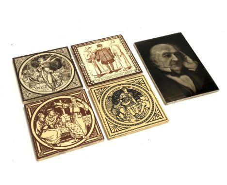 Three Mintons tiles, and one other, depicting Anthony &amp; Cleopatra, Vivien, The Pilgrims and the Oyster; together with a S