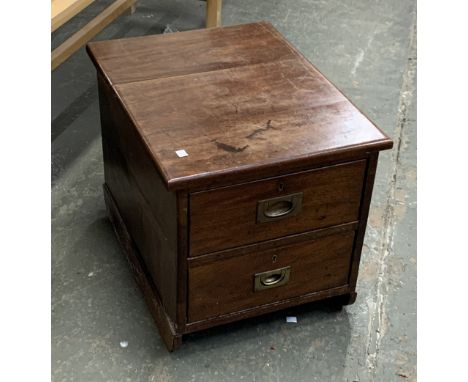A commode stool shaped as a chest of drawers with campaign style handles, 46x60x47cmH 
