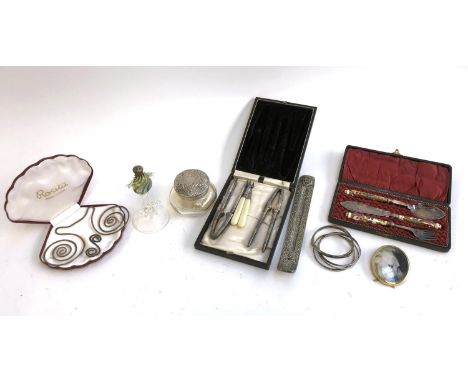 A mixed lot to include cased silver plated christening set with porcelain handles; silver topped dressing table pot; incense 