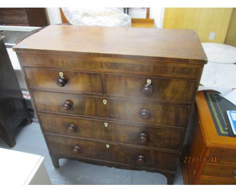 A Victorian string inlaid mahogany chest of five drawers, raised on bracket feet, 46" h, 43"w 