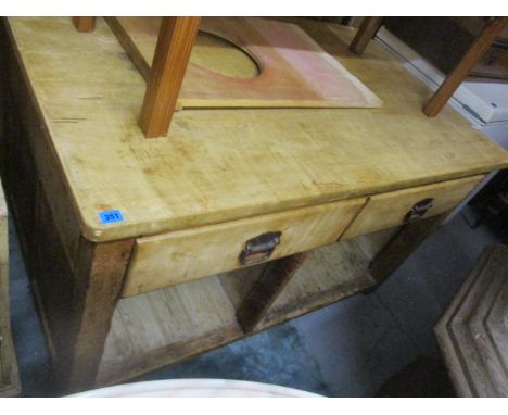 A part Victorian and later pine kitchen unit having two drawers and storage shelf below, 32 1/4"h x 54 1/4"w 