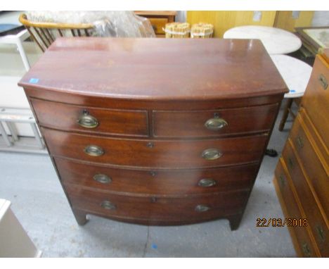 A Victorian mahogany bow front chest of five drawers, raised on bracket feet, 41" h, 40" w 