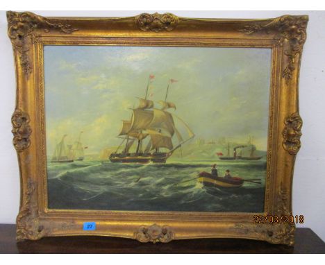 Mid 20th century British School - a seascape with boats, oil on board, 18" x 24", in a gilt frame 