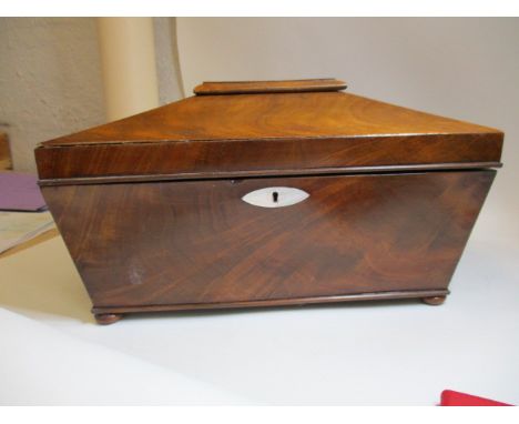 A Georgian mahogany sarcophagus formed tea caddy with mixing bowl and two box caddies, 7" x 14" 
