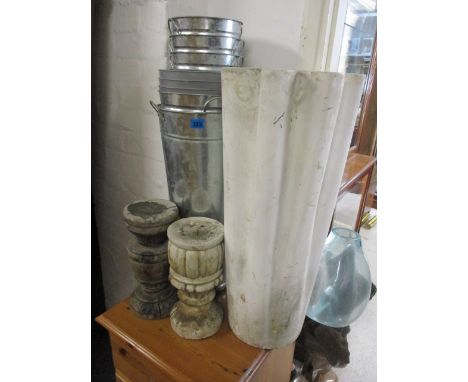 Garden planters to include a white planter and a selection of galvanized pots 