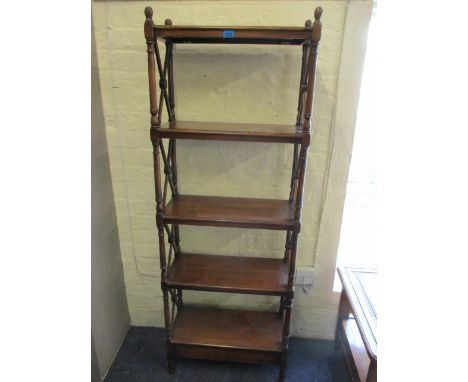 A mahogany five tier what not style open shelf unit with cross banded supports, 58" x 22" x 10" 